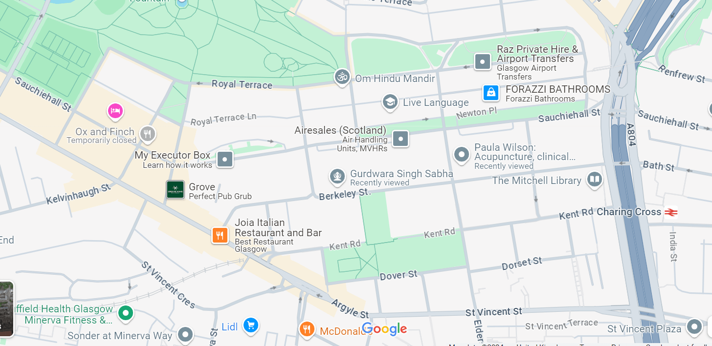 map of Charing Cross, Glasgow with Paulas clinic clearly marked 