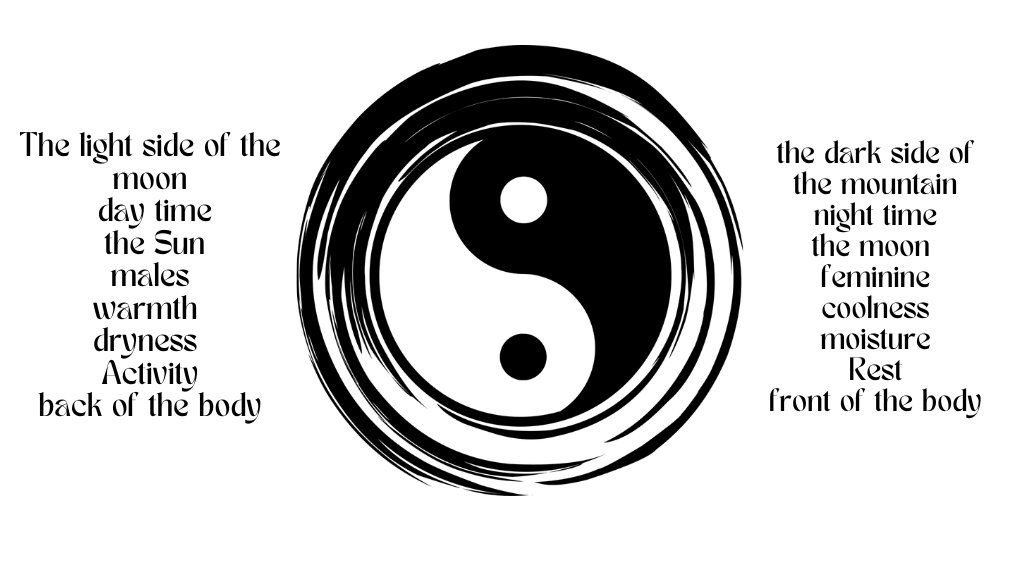A circular Yin Yang symbol with black and white halves, illustrating the interconnectedness of opposing forces in TCM. The white dot in the black half and the black dot in the white half represent the seed of the opposite within each